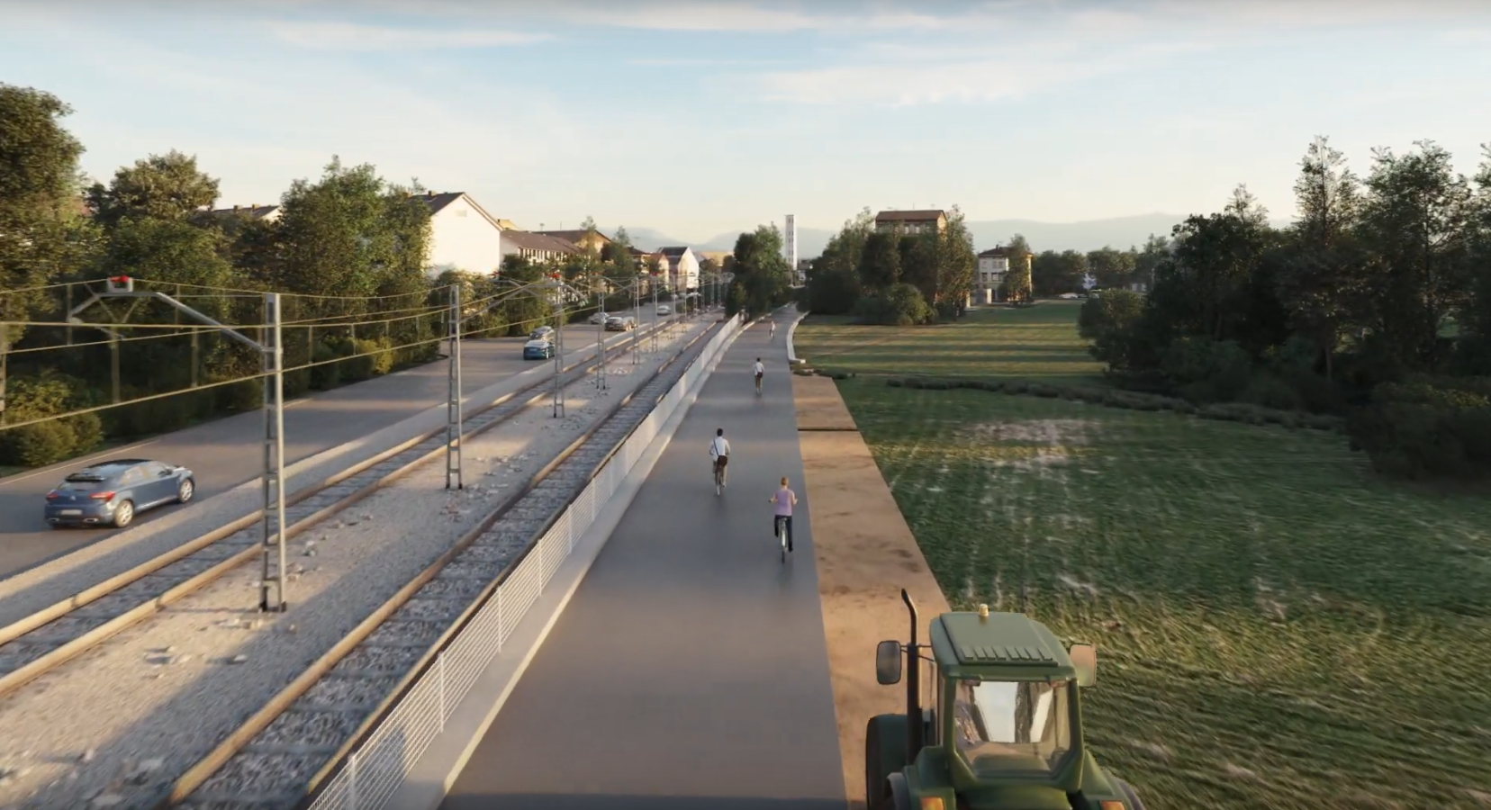 Straße, Schiene, Radschnellweg und Landwirtschaftsverkehr nebeneinander.