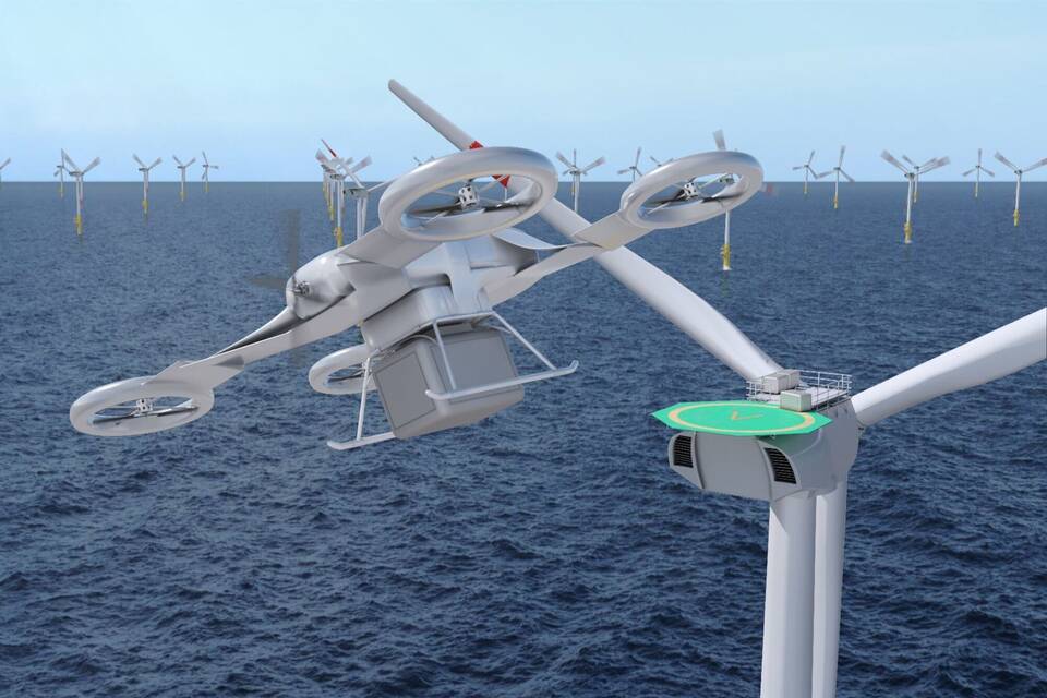Grafik einer Offshore Logistik-Drohne und Landeplatz Grafik einer Offshore Logistik-Drohne und Landeplatz
