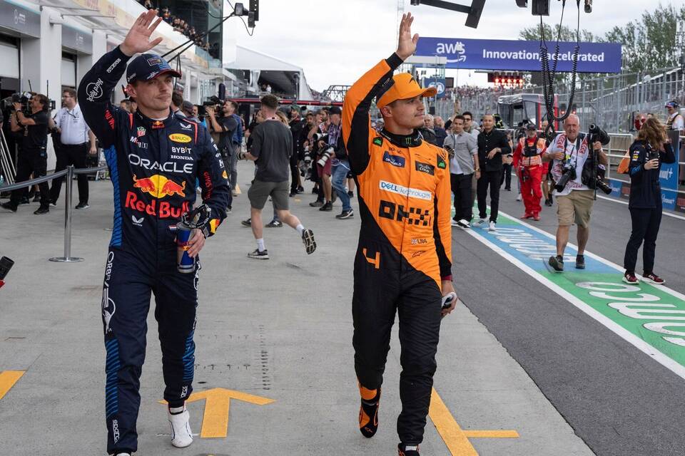 Max Verstappen (l) und Lando Norris
